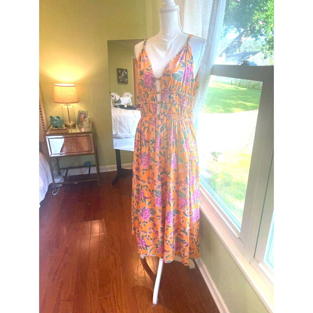 Boho Floral Smocked Cutout Maxi Dress V Neck Euro Summer Resort Quiet Luxury L - Picture 3 of 13